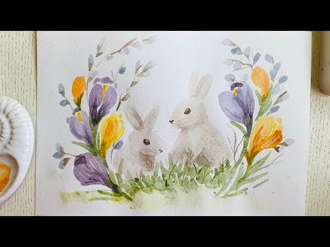 Видео: РИСУНОК НА ПАСХУ. Рисуем кроликов с вербой и крокусами акварелью