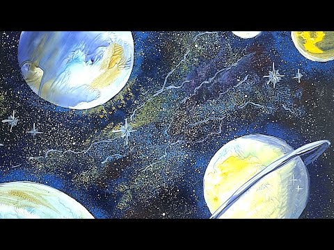 Видео: КОСМОС с планетами гуашью. Монотипия. Губка, зубная щетка. Просто, но очень эффектно!!!!!