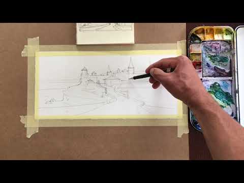 Видео: Рисуем городской пейзаж акварелью. Каменец-Подольская крепость.