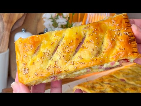 Видео: Хрустящая и сливочная: слоеная выпечка / на обед или вечер / слоеная выпечка с ветчиной и сыром
