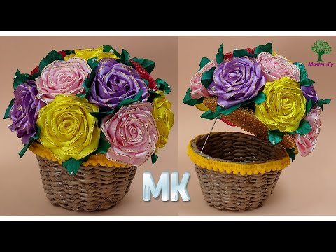 Видео: Розы из атласной ленты 25мм Шкатулка из плетеной корзинки\Master diy  канзаши