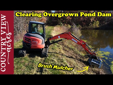 Видео: Кошение травы на плотине пруда с помощью экскаватора. Кустовой мульчер превращает экскаватор в мо...