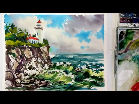 Видео: Рисуем море, скалы и маяк, мастер-класс по акварели