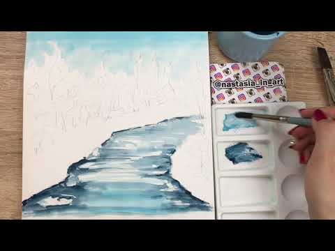 Видео: Зимний пейзаж с рекой. Урок акварели