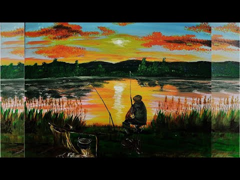 Видео: Как нарисовать пейзаж на холсте. Картина на холсте акрилом. Рисуем рыбака на холсте. Пейзаж акрилом.