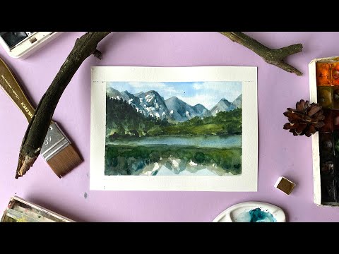 Видео: Рисуем пейзаж акварелью поэтапно. Горы лес и озеро