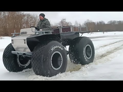 Видео: Обзор вездехода переломки. Тест в оттепель по наледи. Легкий среднемоторный пневмоход Ураган Дикарь.