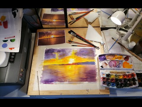 Видео: Урок ЗАКАТ НА МОРЕ - Оксана Кудряшова - Мастер-класс акварель - Watercolour Free Lesson