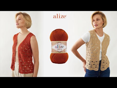 Видео: Жилет крючком из двух частей Virus Stitch с пряжей Alize Diva или Alize Cotton Gold