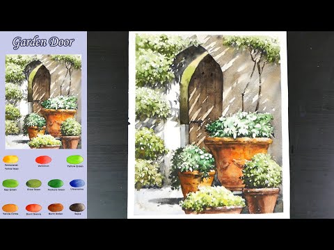 Видео: Пейзаж Акварель -  Садовая дверь  (эскиз &  просмотр имени цвета,  акварельный материал)