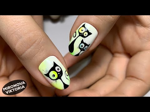 Видео: Безумные коты. Комбинированный маникюр. Рисунки гель лаком.