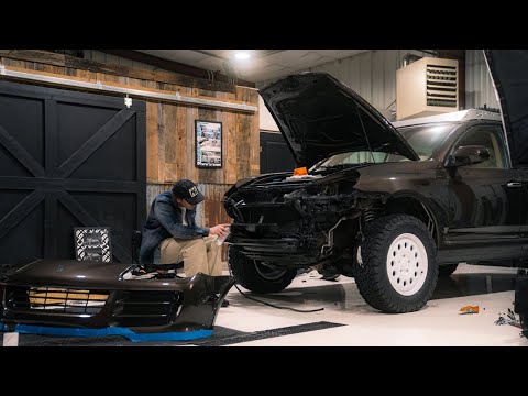 Видео: Подрезка передней части Cayenne и установка бампера Eurowise