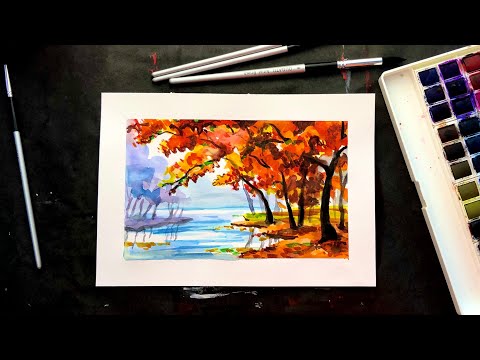 Видео: КАК НАРИСОВАТЬ ОСЕНЬ • Пейзаж акварелью • Рисование акварелью для начинающих • Легкий пейзаж • Осень
