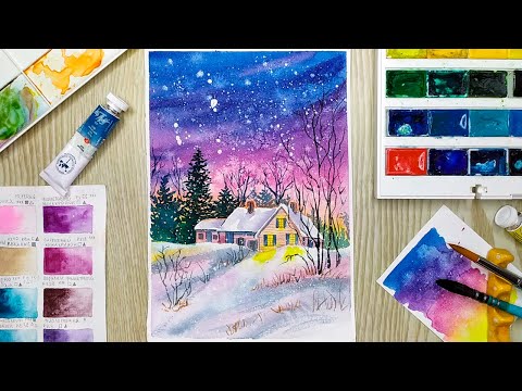 Видео: Как нарисовать зимний пейзаж акварелью. Акварель для начинающих