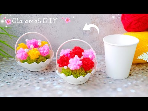 Видео: Красиво и Просто 💖☀️ Корзина с Цветами из Стаканчика и Пряжи - Супер Идея Вам Понравится - Рукоделие