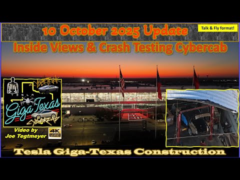Видео: Яркий рассвет, обзор изнутри, Cybercab на краш-тесте! Обновление Giga Texas от 10 октября 2025 г....