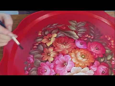 Видео: Роспись красного подноса в стиле Жостово. Часть_6