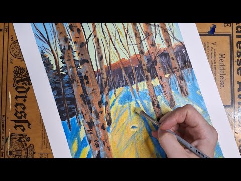 Видео: Рисуем зимний пейзаж. Как нарисовать зимний закат в березовом лесу акрилом