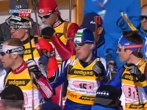 Видео: БИАТЛОН. КМ 2004-05. Чезана Сан-Сикарио (Италия). Мужчины. Эстафета 4 х 7,5 км. Eurosport.13.02.2005