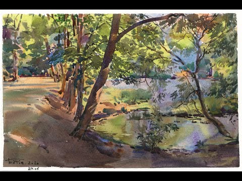 Видео: 20200629 Акварельный этюд. Пруд Ясенево / Watercolor plein air painting. Pond Yasenevo