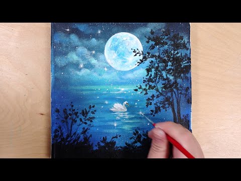 Видео: Лунный лебедь / Простая роспись акрилом для начинающих / Учебник по рисованию