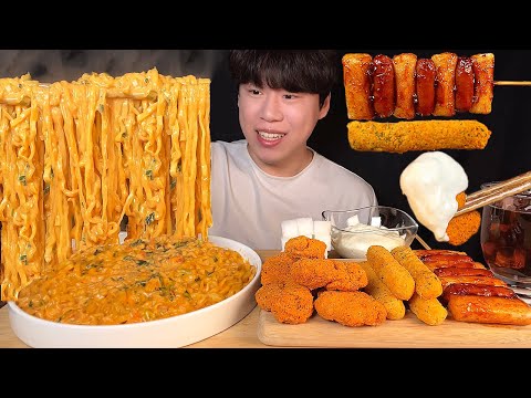 Видео: СУБ) Корейский пряный крем, джин чжамббон и курица ббуринкл, сырная палочка, мукбанг асмр