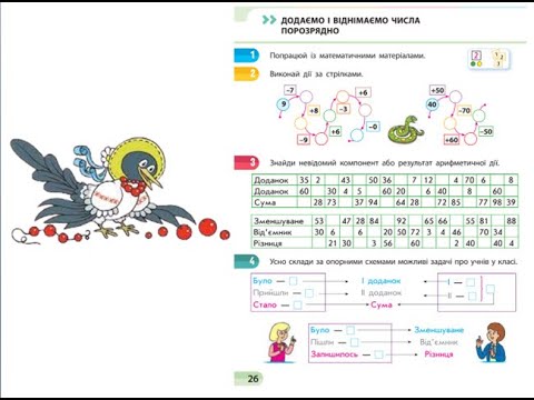 Видео: Математика. Урок 12. Додаємо і віднімаємо двоцифрові числа порозрядно. Скворцова 1 ч. с. 26 - 27.