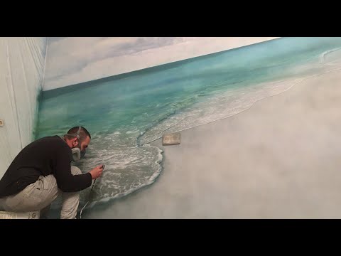 Видео: Художественная роспись,аэрография в интерьере,рисования на стене   моря, пальмы, пляж. Aerography