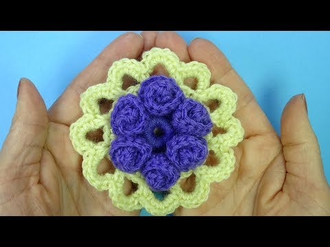Видео: Круглый Цветочный мотив крючком   урок вязания 370