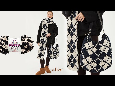 Видео: Шарф и сумка с ромбовидным узором с Alize Puffy More