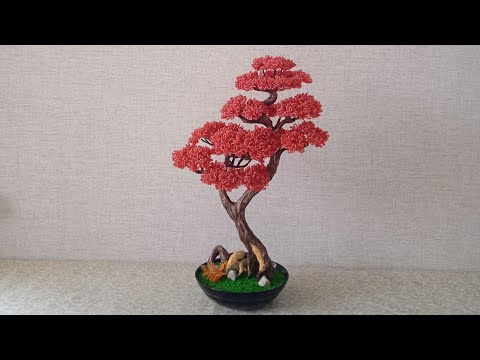 Видео: Красный бонсай из бисера мастер-класс. Red bonsai master class.