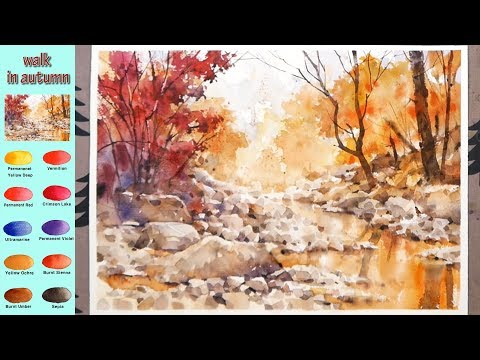 Видео: Без эскиза Пейзажная акварель - Гулять осенью (смешение цветов, Arches)
