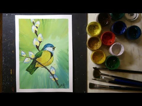 Видео: Синица на вербе(гуашь)Ветка вербы,Tit on willow (gouache)branch willow