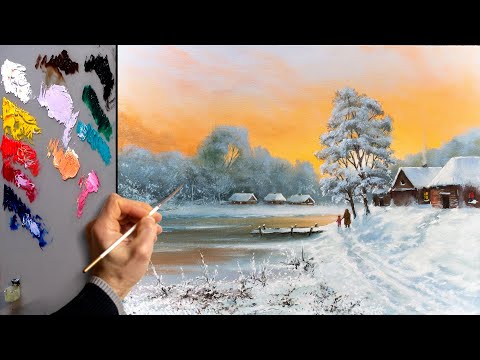 Видео: Зимний закат - пейзаж. Живопись маслом. Уроки рисования. Искусство. Красивая картина. Хобби.