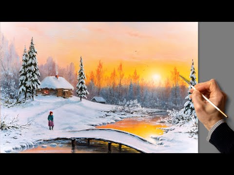 Видео: Зимний закат - пейзаж. Живопись маслом. Уроки рисования. Искусство. Красивая картина. Хобби.