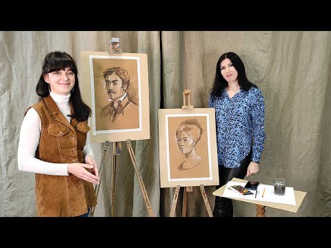 Видео: Тема 23. Рисуем портрет с контрастным освещением на тонированной бумаге. Техника гризайль.