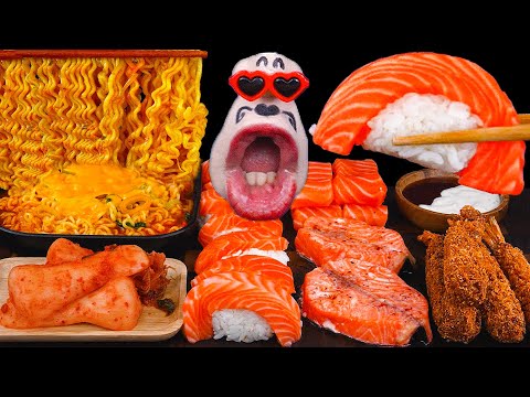 Видео: Домашний суши из лосося, гриль стейк из лосося, сырный рамен и креветки темпура
