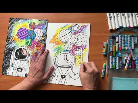 Видео: Рисуем космонавта масляной пастелью и цветными маркерами! Рисование для детей и взрослых!