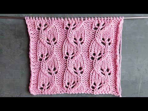 Видео: Веточки с ажурными листьями / Узор для вязания джемперов,  палантинов,  носков