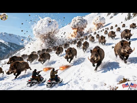 Видео: Невероятная снежная битва: охотники против орды гигантских кабанов! Массовое нашествие кабанов в ...