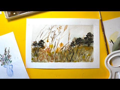 Видео: Осенние сухие травы в поле. Рисовать просто! Акварель для начинающих