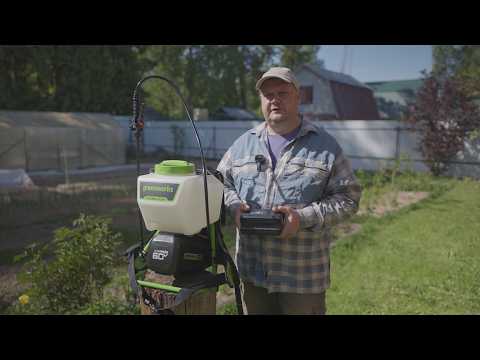 Видео: Обзор и тест аккумуляторного опрыскивателя 60 В Greenworks GW-BPS60