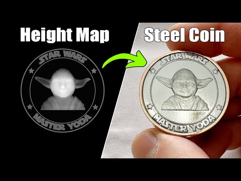 Видео: Глубокая гравировка стальных монет по карте высот (настройка и параметры волоконного лазера)