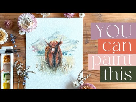 Видео: Как нарисовать корову породы Хайленд акварелью. Урок по рисованию акварелью животных для начинающ...