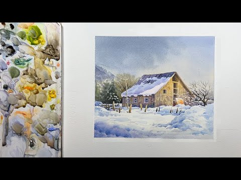 Видео: Легкий акварельный пейзаж - старый сарай на зиме