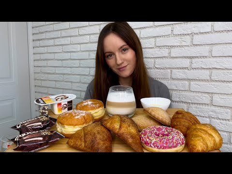 Видео: МУКБАНГ КРУАССАНЫ ПОНЧИКИ ЙОГУРТ Choco Pie КАПУЧИНО Итоги конкурса !MUKBANG BREAKFAST DONUTS