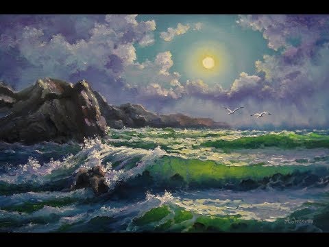 Видео: 🔝 Онлайн стрим | Море луна скалы | Морской пейзаж маслом | Александр Григорьев
