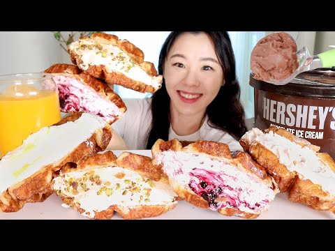 Видео: SUB) ASMR Кремовый хлеб с шоколадным мороженым Hershey's Десерт Мукбанг 🍞 вафли Круассан Кроффл