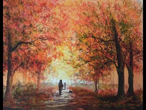 Видео: Осень2-Аллея в Парке Губкой. Акварель. Autumn. Alley in the Park.Sponge. Watercolour.