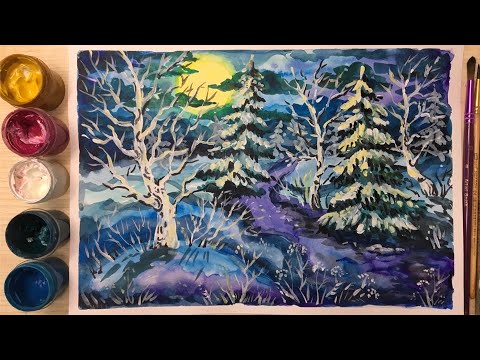 Видео: Загадочный зимний лес! Рисование акварелью и гуашью
